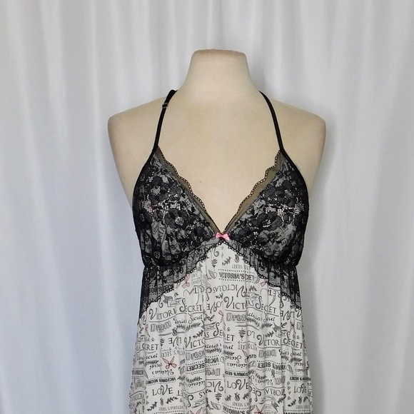 VICTORIA’S SECRET Black Floral Lace Script Print Chemise Gown Nightgown Large - Picture 4 of 12